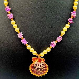 Handcrafted Faux  Pearl & Shell Necklace With Lavender Accents.  A23
